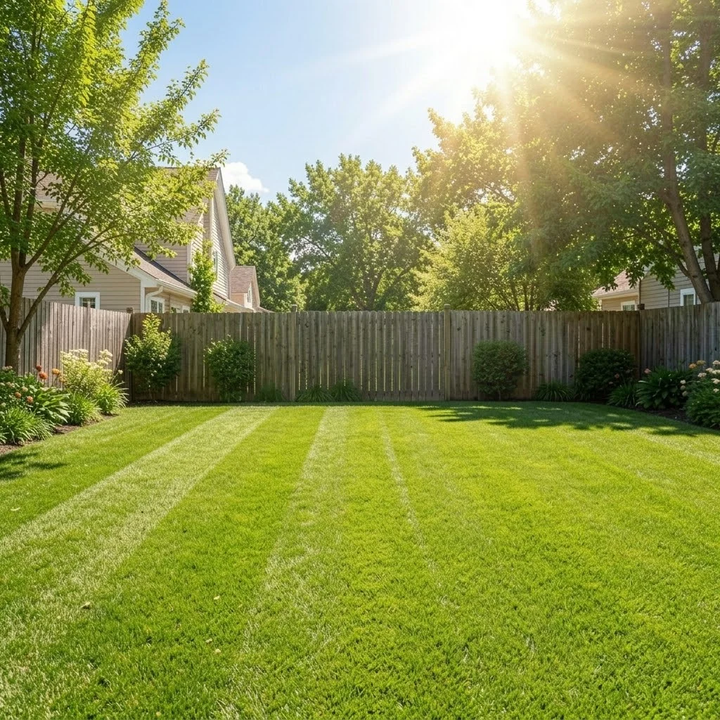 aiken lawn care backyard — perfectly maintained suburban backyard with lush green lawn and privacy fence
