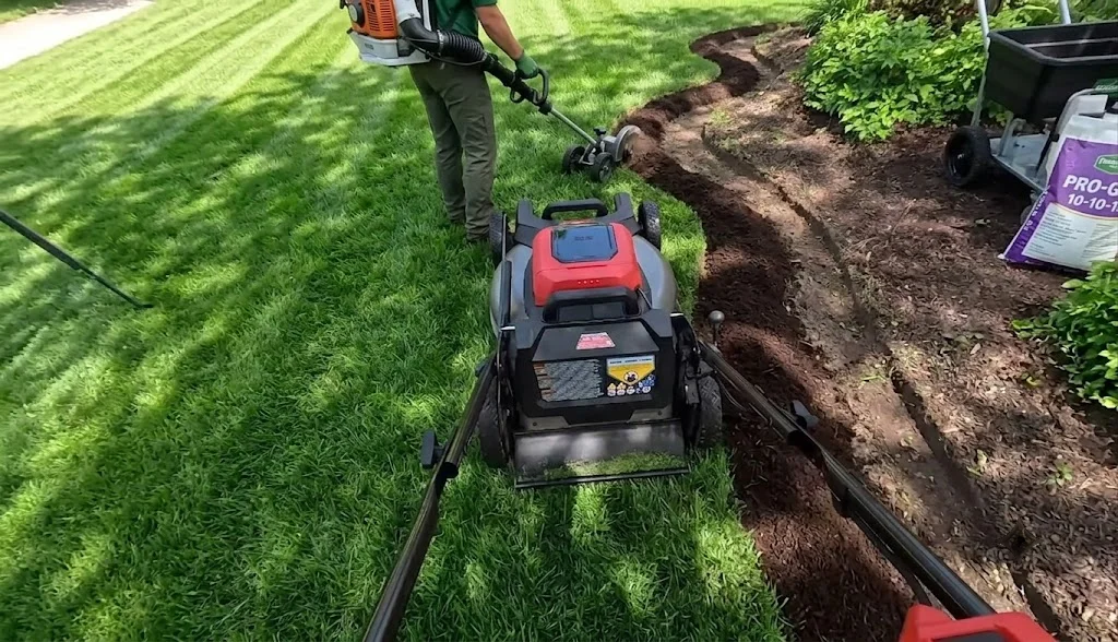 lawn care services aiken sc — professional crew with mower and edger working on perfectly maintained residential lawn